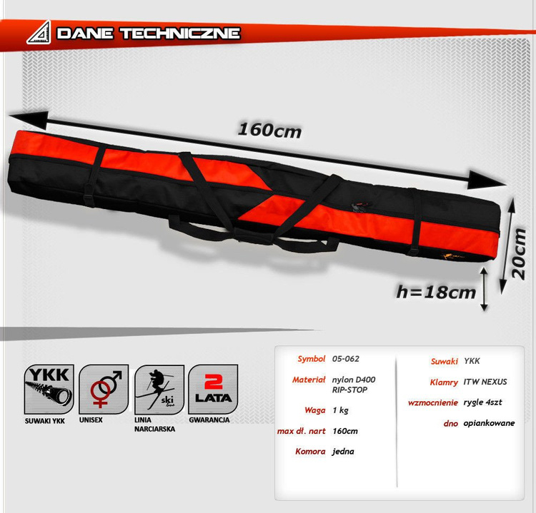 Pokrowiec na narty max.160cm Ski grafitowy