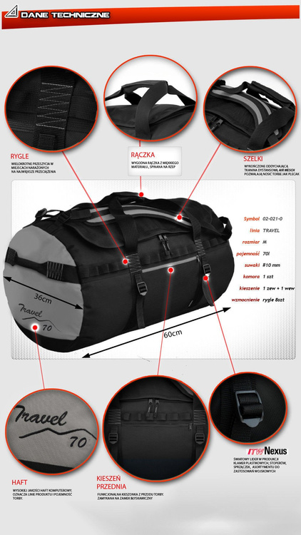 Torba podróżna sportowa roz. "m" 70l Travel czerwona